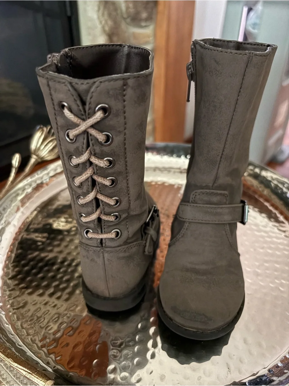 Children’s Place Toddler Sz 6 Dark Gray Tall Mid-Calf Buckle Boots with Side Zip